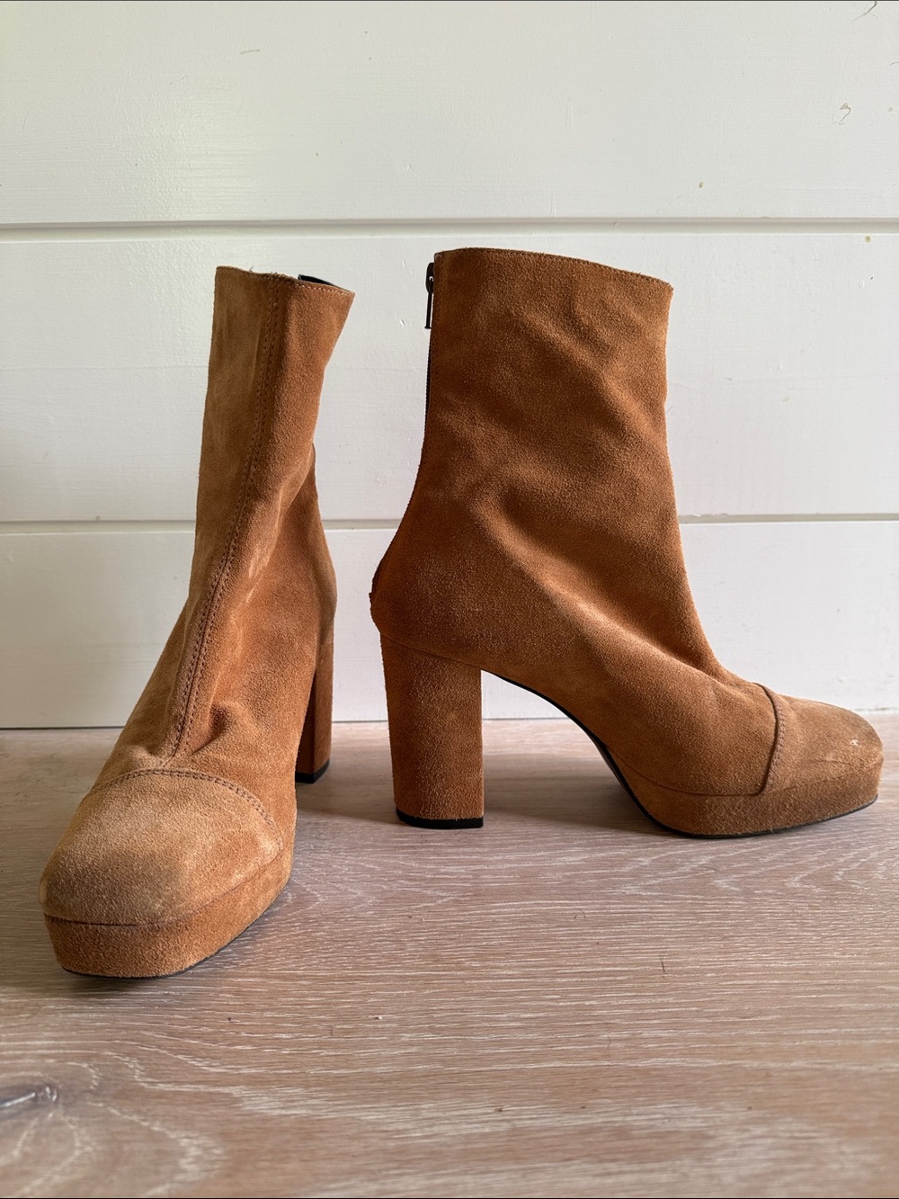 Free People Tan Suede Platform Mid-Calf Block Heel Boots